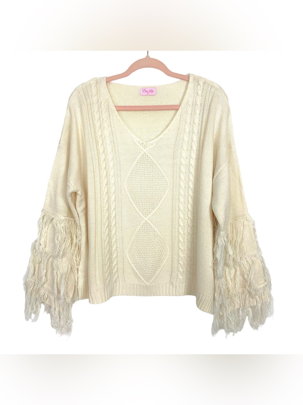 Pink Lily Cream V-Neck Cable Knit Sweater with Fringe Sleeves